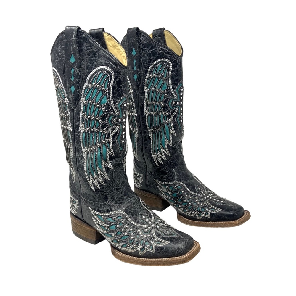 Corral Women Cross & Wings Studded Boots Sz 6 Black Turquoise Square Toe Western